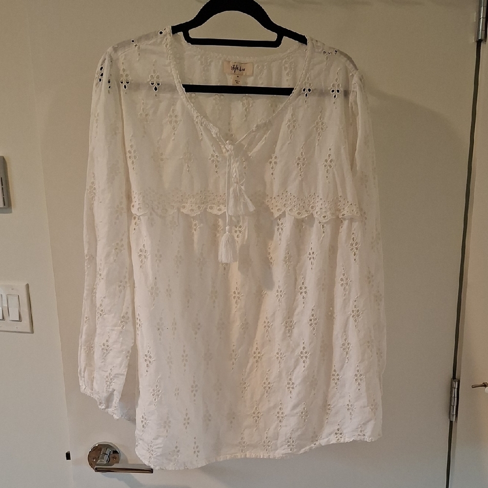 Style & Co. White Eyelet/Broderie Anglais Boho Relaxed Fit Top (Size 3XL)